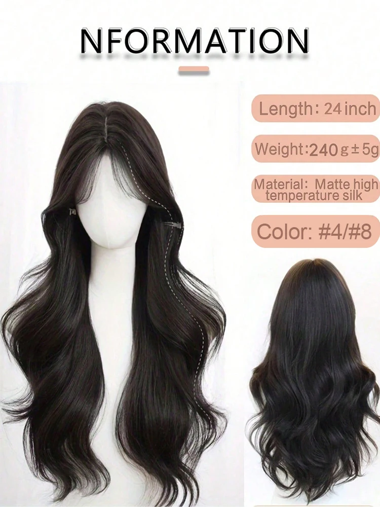24Inch Long Wavy Synthetic Wig With Natural Middle Part Simulated Scalp Full Machine Made Wig With Air Bangs for Women Daily Use