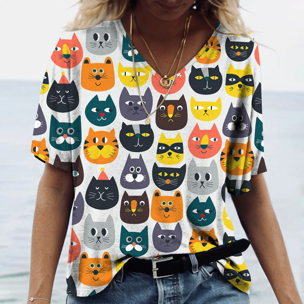 

Sexy Female Kawaii Cartoon Cat T-Shirt Cute Cat Print 3d Short Sleeve Clothing Summer Street V-Neck Casual Women's T Shirt Tops