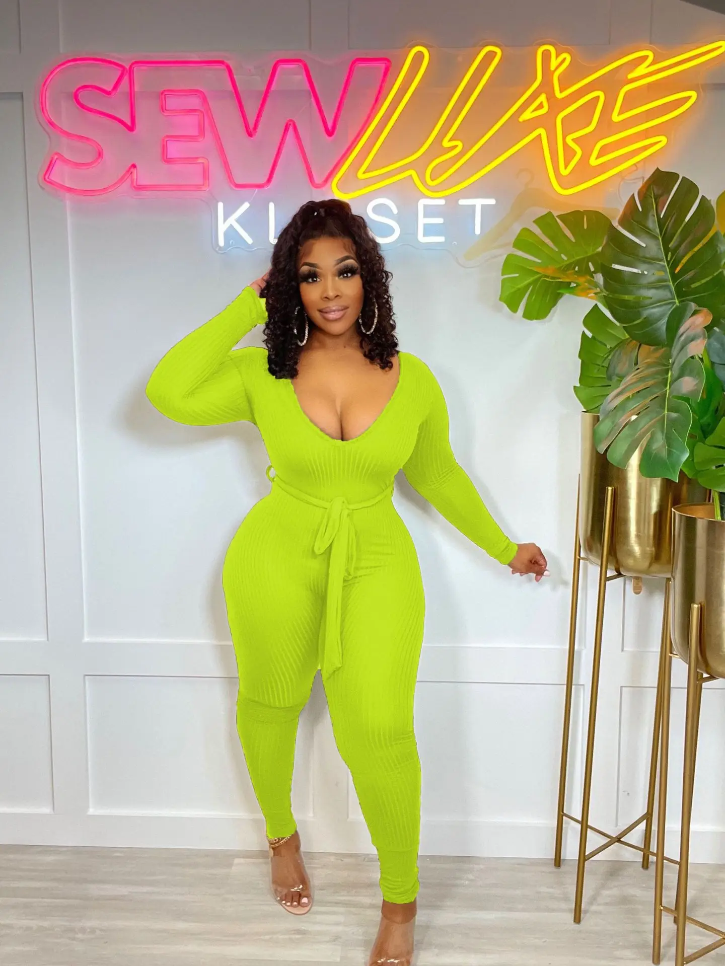 BKLD Women Clothing New Autumn Winter Jumpsuit Fashion Solid Color Long Sleeve V-Neck Lace-Up Bodycon Jumpsuits One Pieces