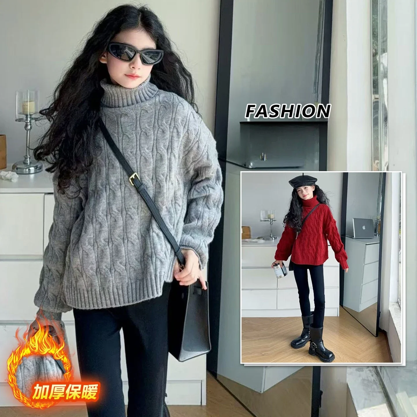 5-6-7-8-9-10-14세 소녀들을 위한 하이넥 꽈배기 짧은 스웨터 가을 겨울 빈티..