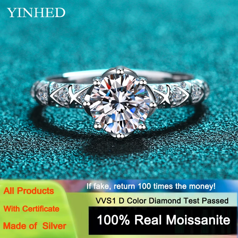 

YINHED Shiny Real 1CT D Color Moissanite Diamond Wedding Rings For Women Original 925 Sterling Silver Luxury Quality Jewelry