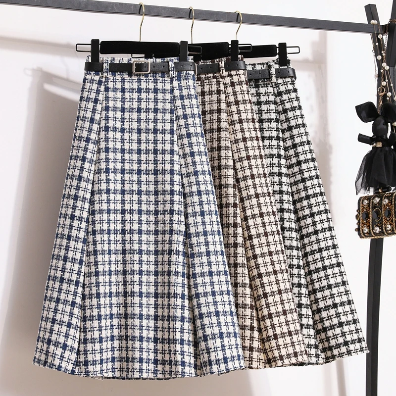 

Autumn Winter Houndstooth Plaid Woolen Skirt Women Korea Fashion High Waist A-Line Midi Long Skirt And Waist