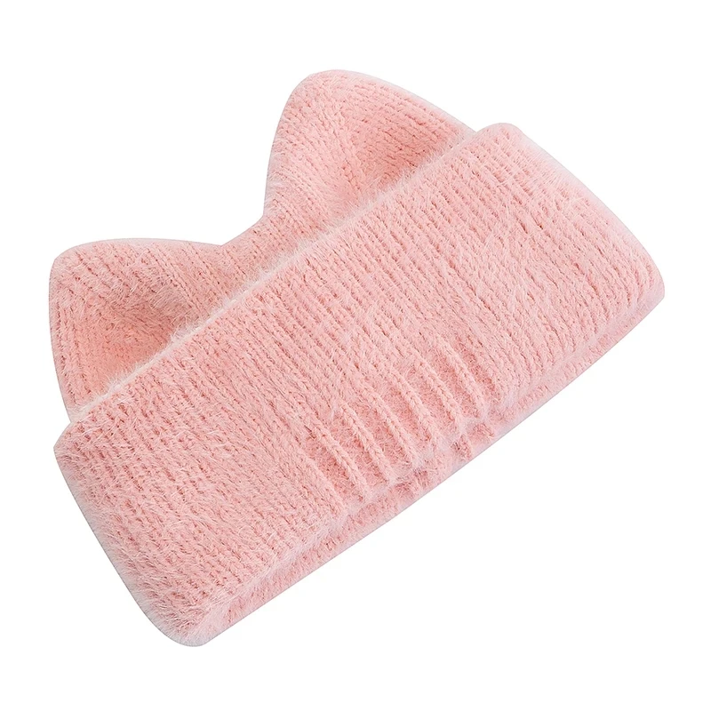 New Cat Ear Y2K Beanie Hat Sweet Label Winter Hats For Women Candy Colors Stripes Soft Warm Cap