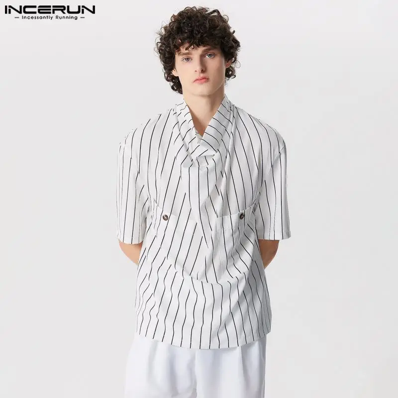 INCERUN 남성용 반팔 셔츠, 패셔너블하고 잘 어울리는 상의, 파일업 칼라, 스트라이프 셔츠, 캐쥬얼 개성 있는 남성 셔츠, S-5XL 2024