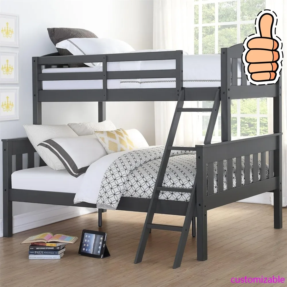 NEW-DHP Airlie Convertible Wood Bunk Bed Twin Over Full Size, Stackable and Detachable Bed Frames for Kids, Teens, Angled Ladder