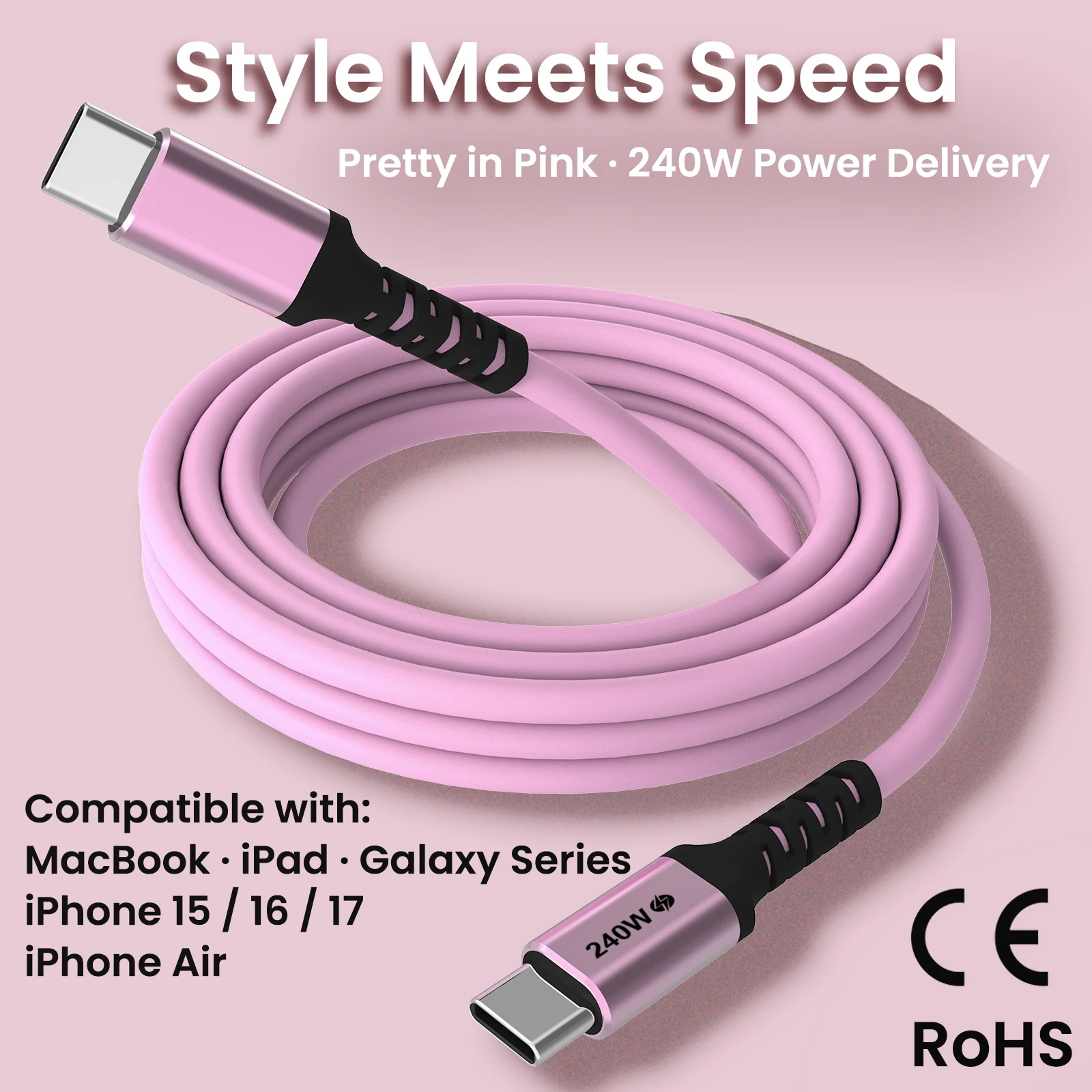 Pink USB-C Cable 240W PD 3.1 Fast Charging for MacBook, iPhone 15/16/17 ...
