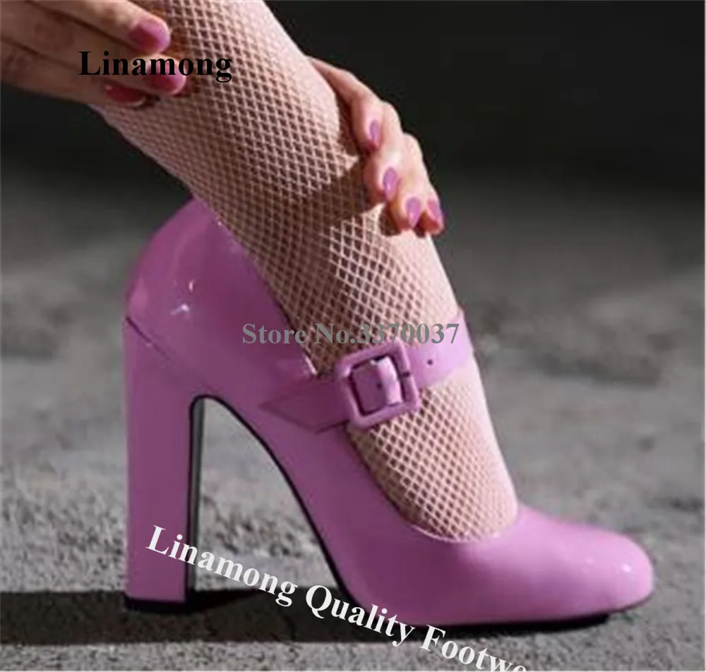 

Linamong Women Elegant Chunky Heel Pumps Round Toe Pink Blue Patent Leather Straps Buckle Thick Heel Dress Shoes Party Heels