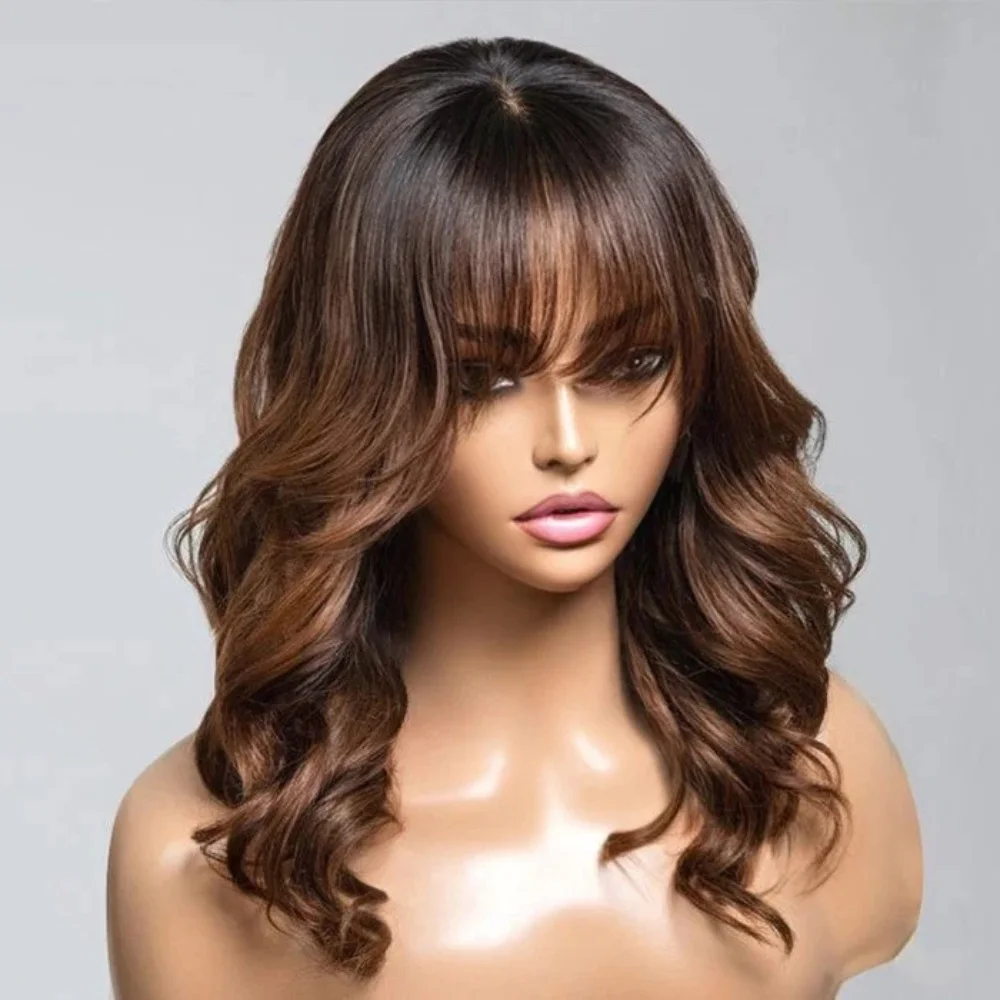Ombre Chestnut Brown Layered Curtain Bangs Wavy Lace Front Wigs 30 Inch 250 Density Highlight Body Wave Human Hair Wig For Women