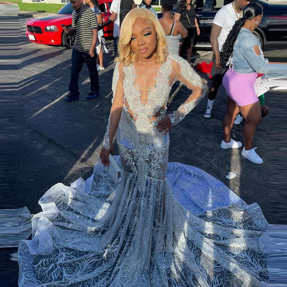 

Luxury Beading Appliques Prom Dresses Deep V Neck Sequins Lace Mermaid Evening Dress Custom Made Africa Celebrity Gowns