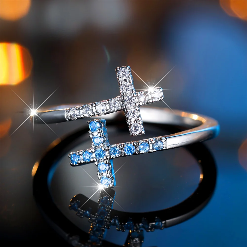 Cute Female Light Blue Zircon Stone Cross Adjustable Ring Luxury Silver Color Open Wedding Jewelry For Women
