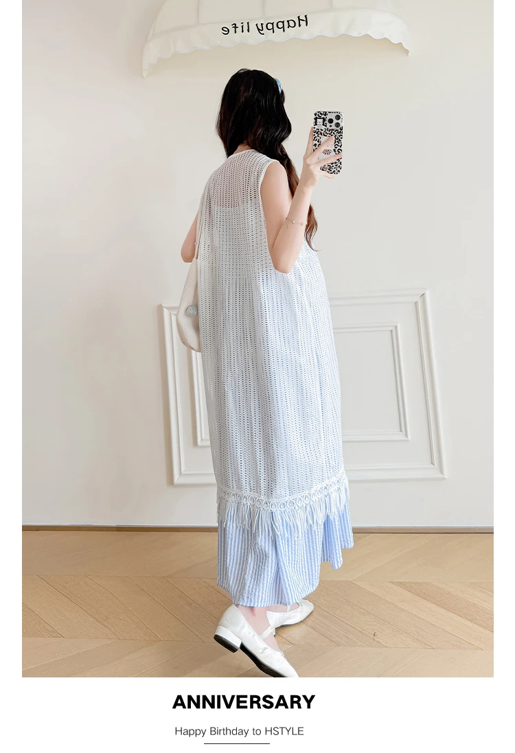 Summer Fashion Maternity Dress Suits Blue Striped Strap Dress Tassel Hem Lace Cardigans Twinset Pregnant Woman Clothes Set Sweet