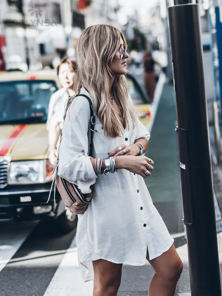 Casual Bikini Cover-ups Sexy Button Front Open Mini Dress White Tunic Women Summer Beach Wear Swim Suit Cover Up Q648