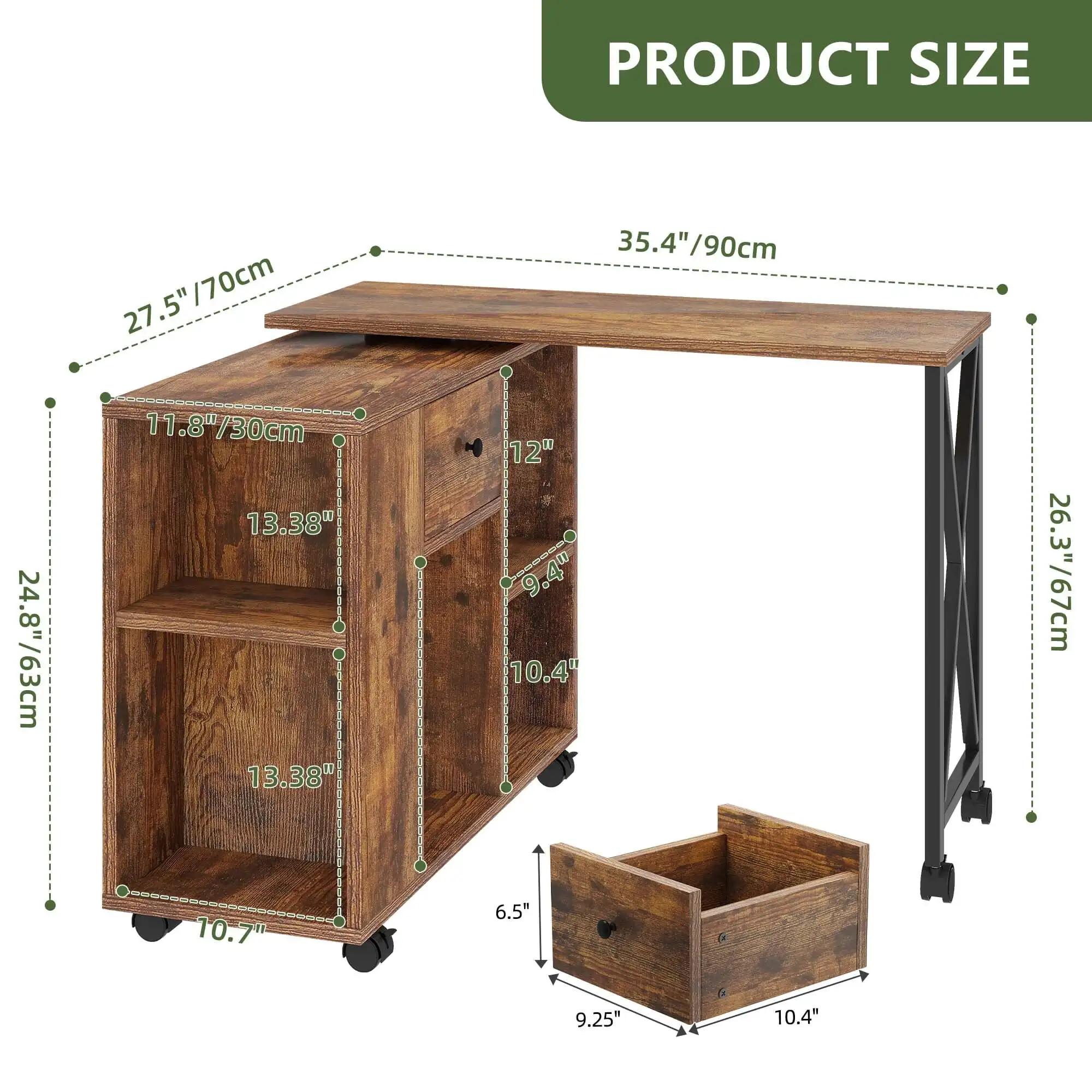 Rotating Writing Office Desk with Storage, Computer Desk with Wheels, Brown 4