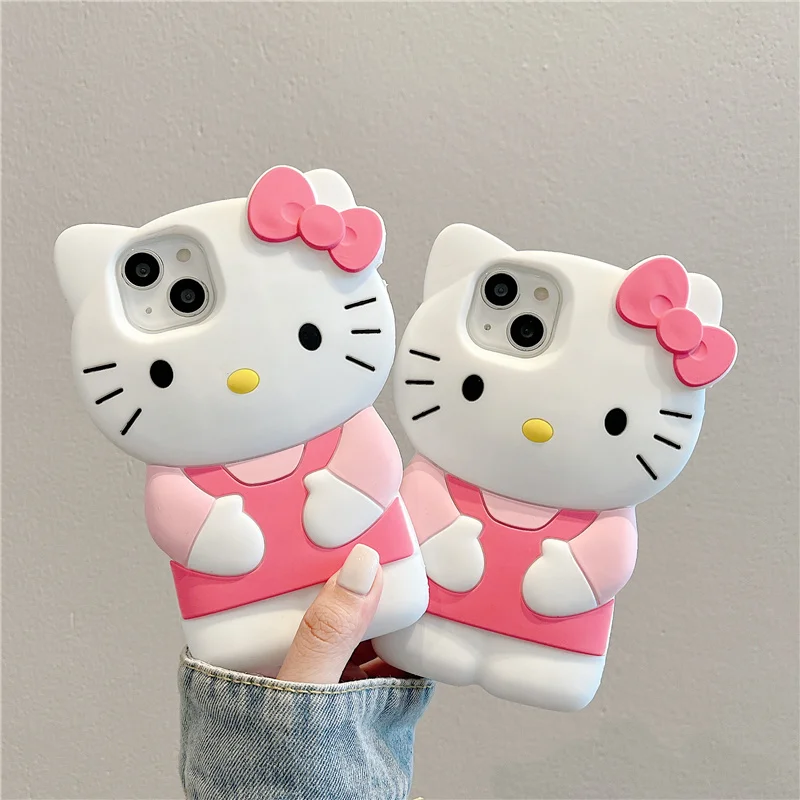 Pink Hello Kitty Silicone iPhone Case with Bow for iPhone 16 15 14 13 12 11 Pro Max Xs XR SE
