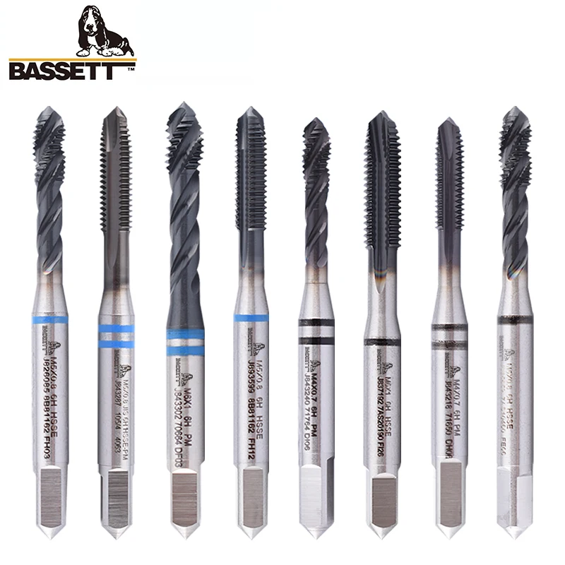 BASSETT 1pcs HSSE-PM JP 코팅 스파이럴 플루트 탭 스파이럴 포인트 탭 M2M2.5M3M4M5M6M8 M10 M12M14M16 기계 나사 탭