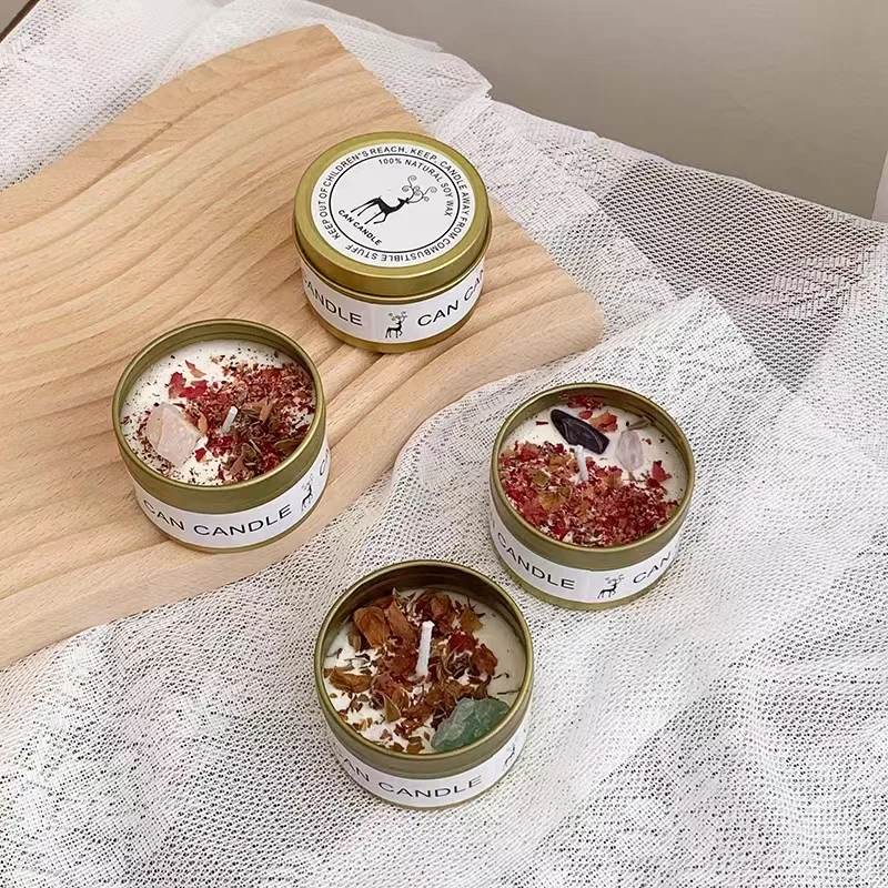 Luxury Scented Candle with Crystal Stones & Dried Flowers in Elegant Silver Tin