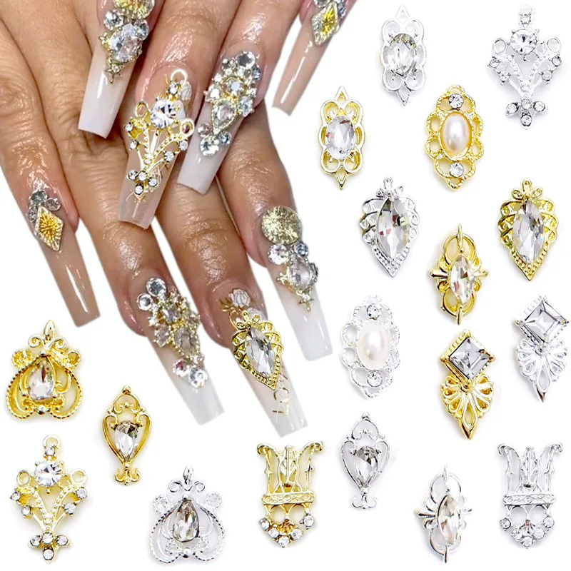 

10 Pcs 3D Gold Silver Nail Charms Alloy Zircon Nail Gems Rhinestones for Nails Retro Baroque Hollow Lace Designs Nail Jewels