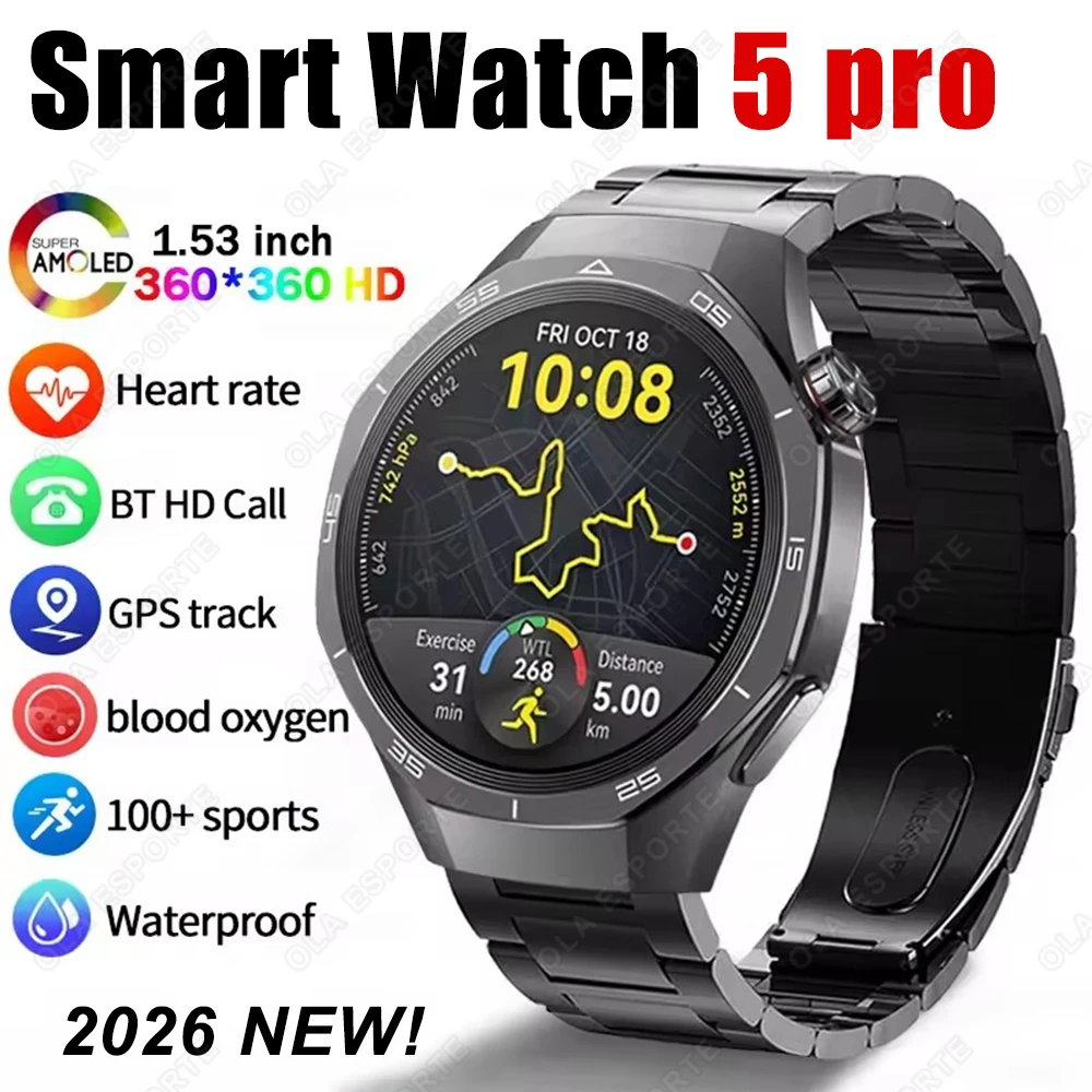 2026 New Watch5 PRO Smart Watch Men AMOLED HD Screen Sports Fitness Waterproof Watch Heart Rate Bluetooth Call Smartwatch HW12 1