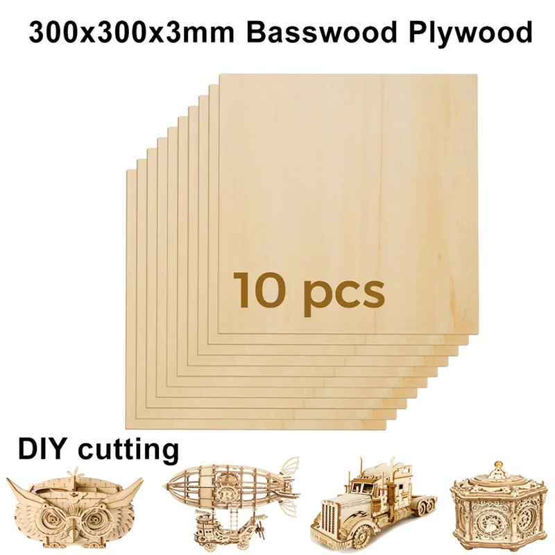 Wood Sheets Plywood Basswood 300x300x3mm Lightweight Craft Board Unfinished Thin Wood Sheets for Laser Cutting Engraving DIY Modeling 10PCS