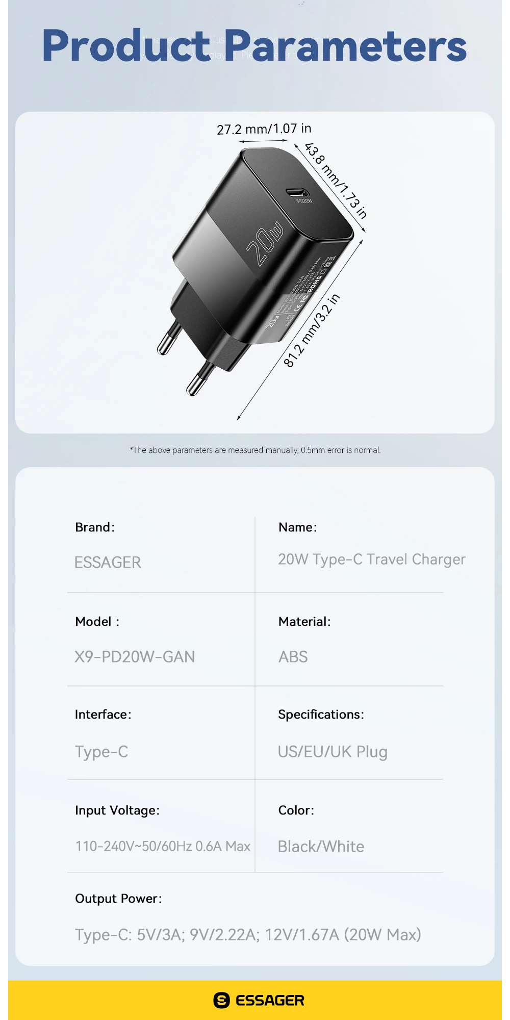 20W USB Type C GaN Charger Portable USB C Travel Charger Support Type C PD Fast
