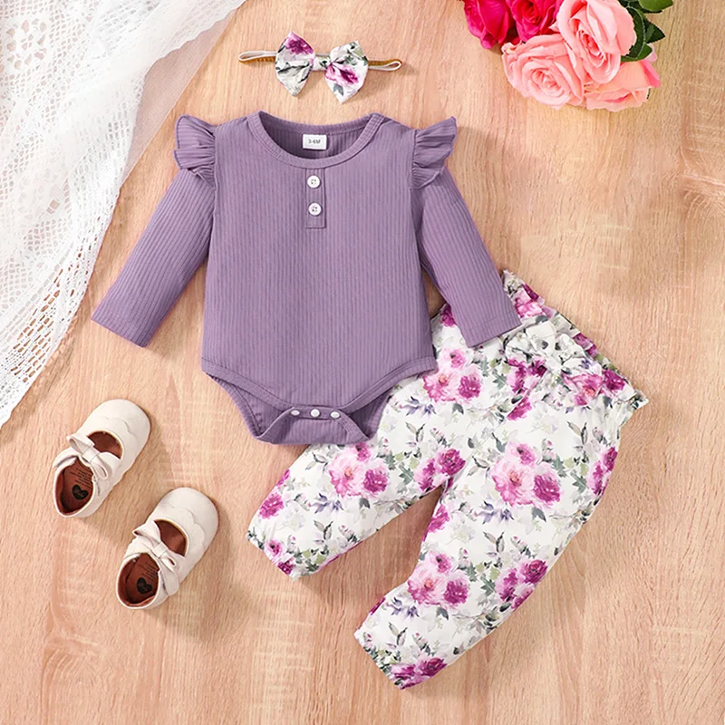 

BeQeuewll Baby Girls Fall Outfit Long Sleeve Romper with Flower Print Pants and Bowknot Headband Clothing Set For 3-24 Months