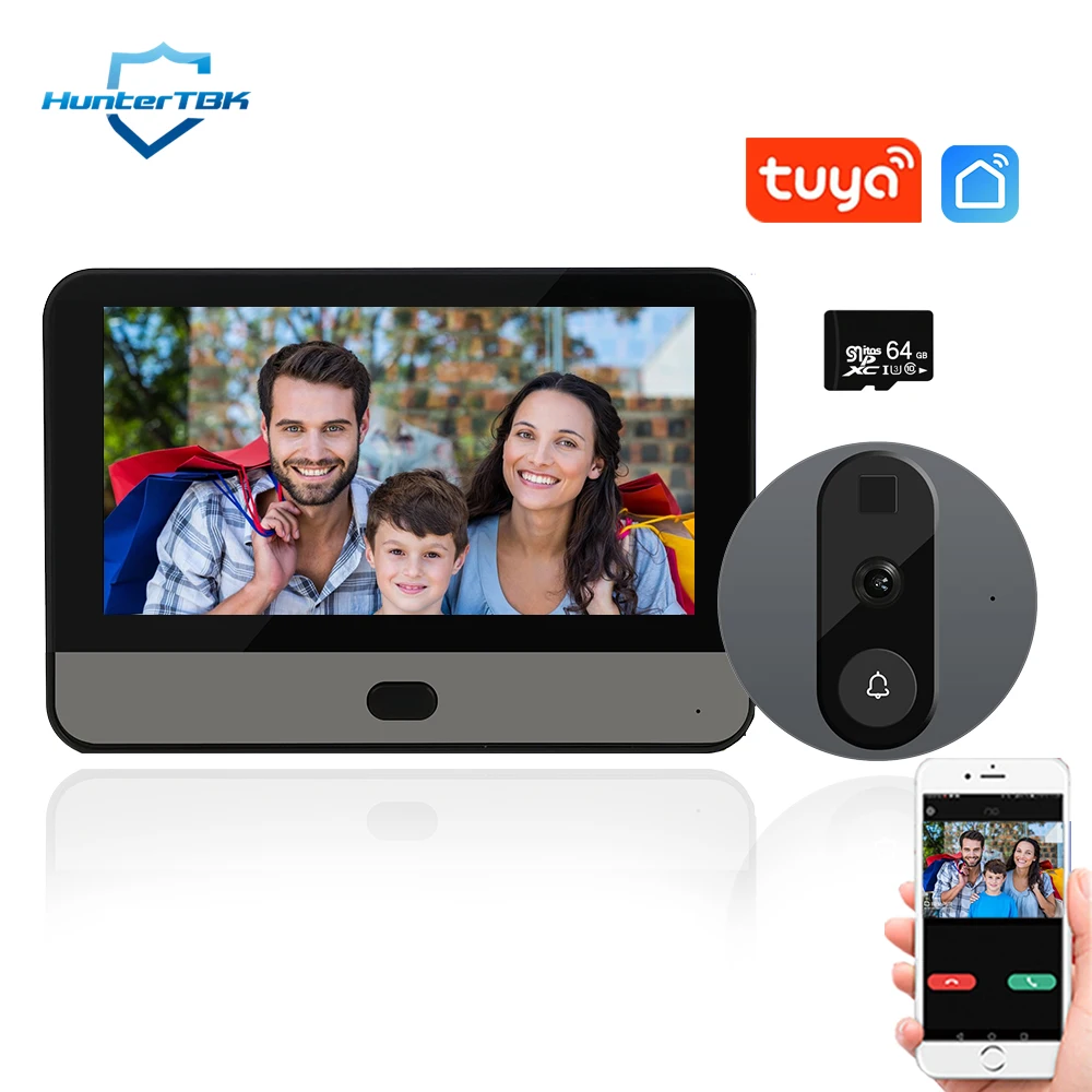 1080P Wireless Video Doorbell WiFi Tuya Smart Home Door Bell Peephole Camera with Screen APP PIR Motion Detection for security