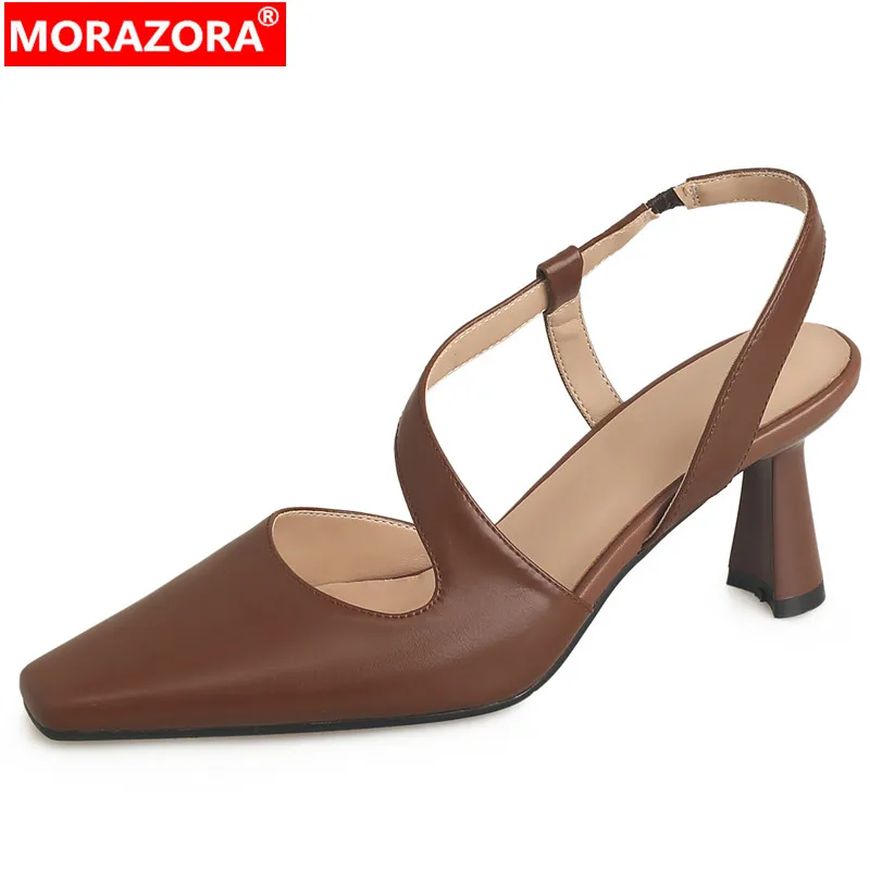 

MORAZORA 2024 New Slip On Spring Sheepskin Sandals Woman Thick High Heels Sandals Elegant Ladies Dress Summer Shoes