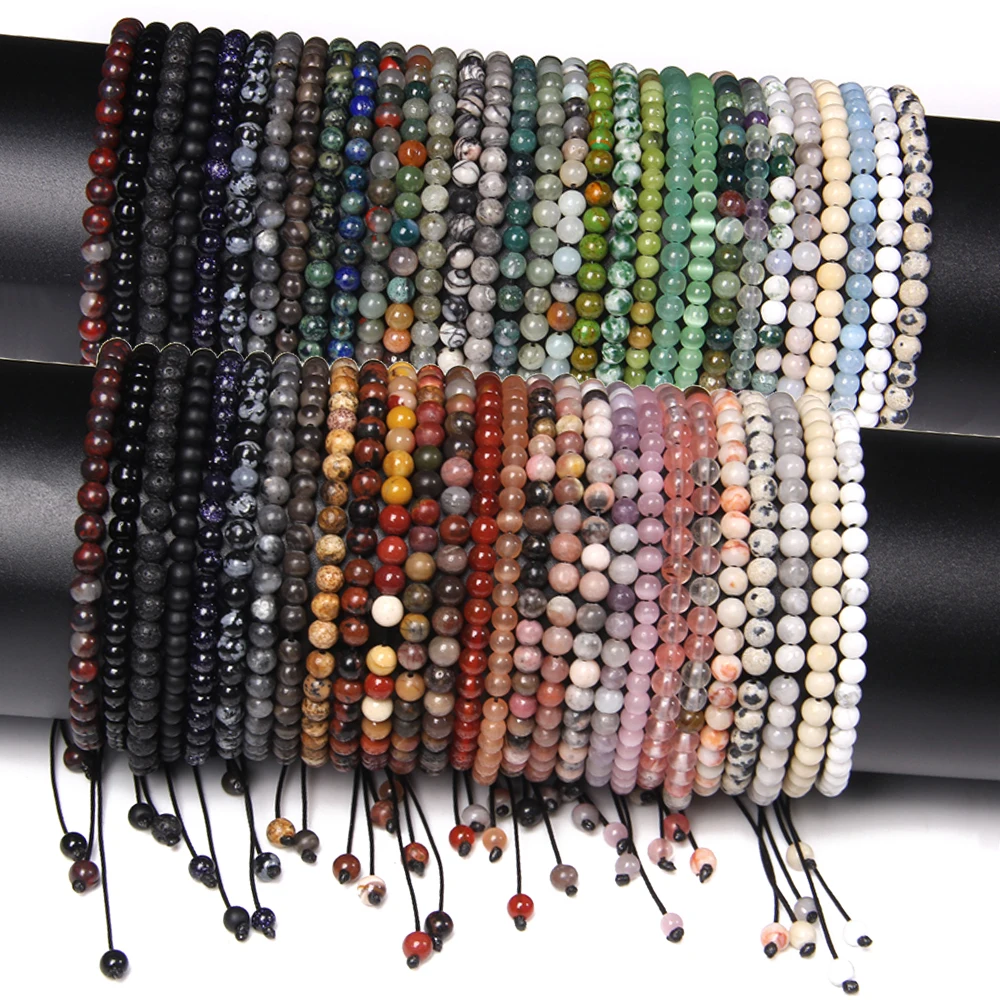 4MM Naturstein geflochtenes Armband Kleines Steinperlenarmband Verstellbarer Quarz Achate Armreif Mineral Schmuck Geschenk für Frauen Männer