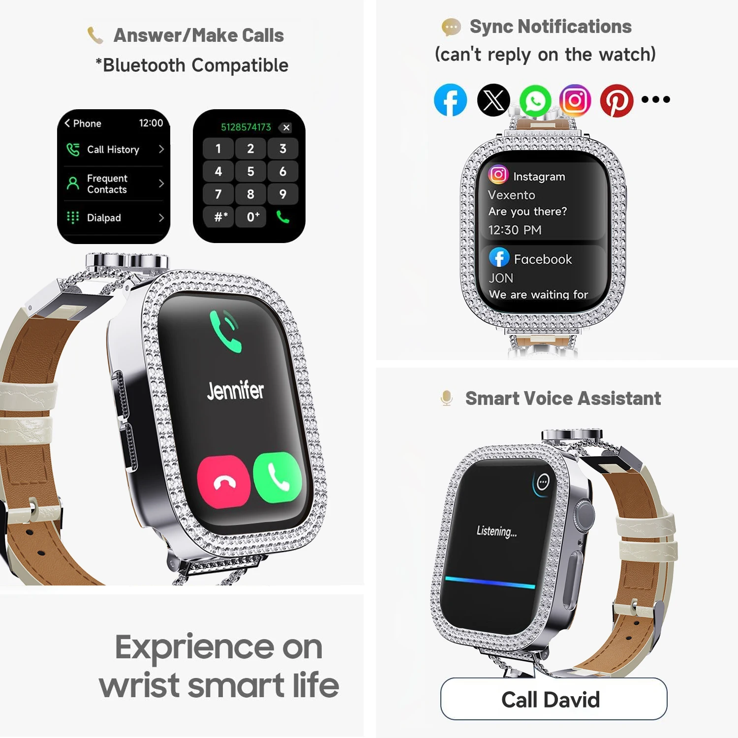 Women Luxury Smartwatch with Sparkling Rhinestones & Metal Wristband, Interchangeable Straps. Features BT Calling, Heart Rate Tracking, Wireless Charging, 110+ Exercise Modes, 3ATM Waterproof, AMOLED Touchscreen, 7-Day Battery. Works with Android/iOS, 5