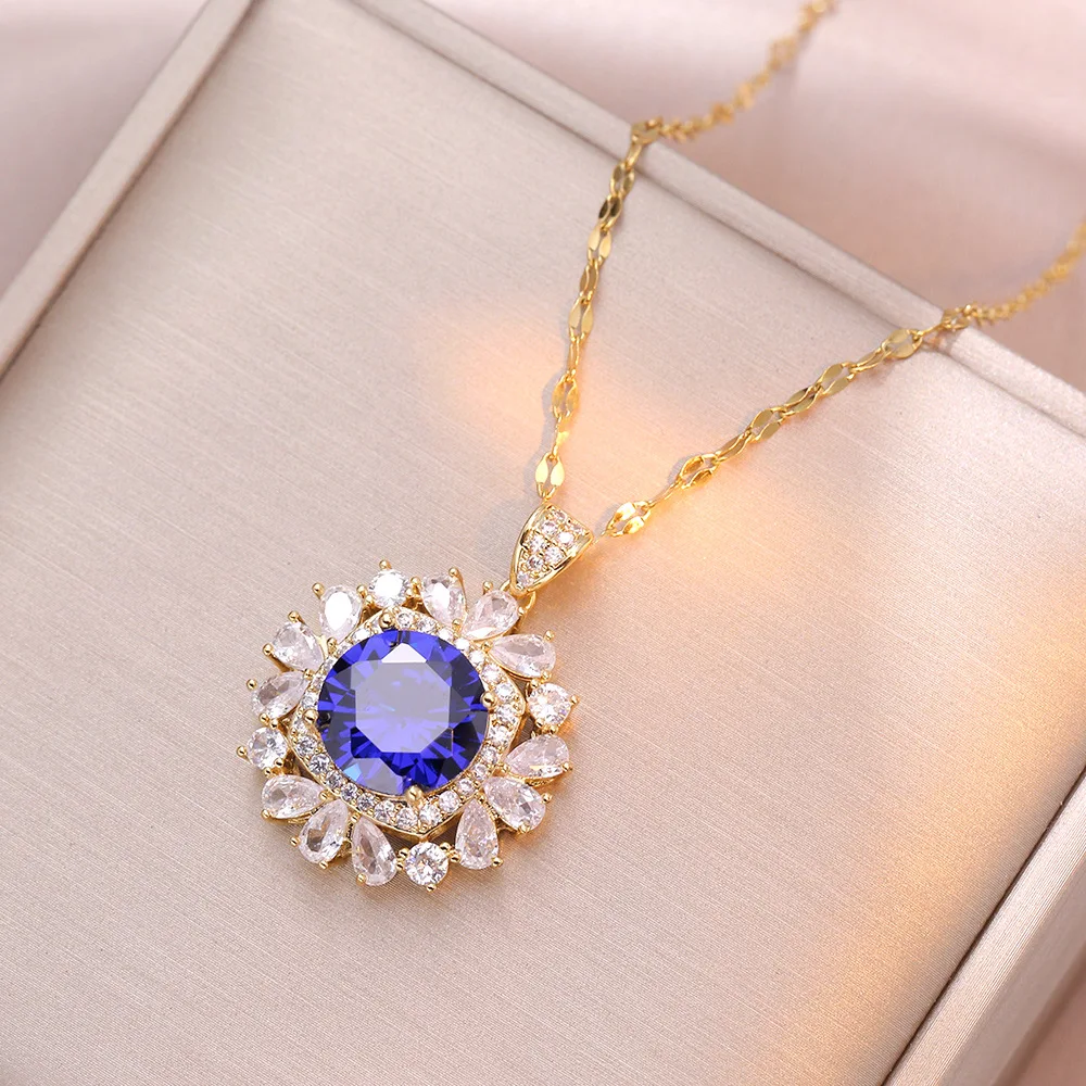 

Fashion light luxury blue zircon flower necklace for women, pendant