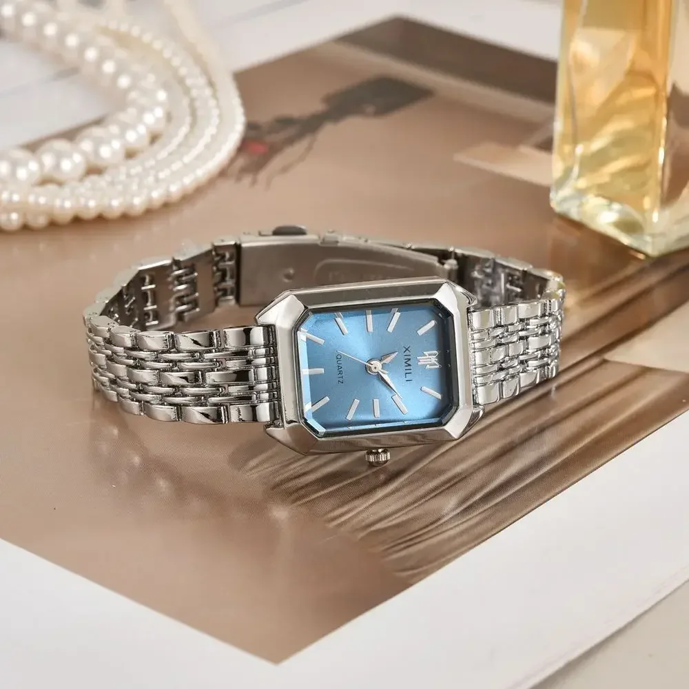 1pc-Women's New Fashion Luxury Stainless Steel Band Watch Minimalist Square Quartz Wristwatch（logo Color Random）