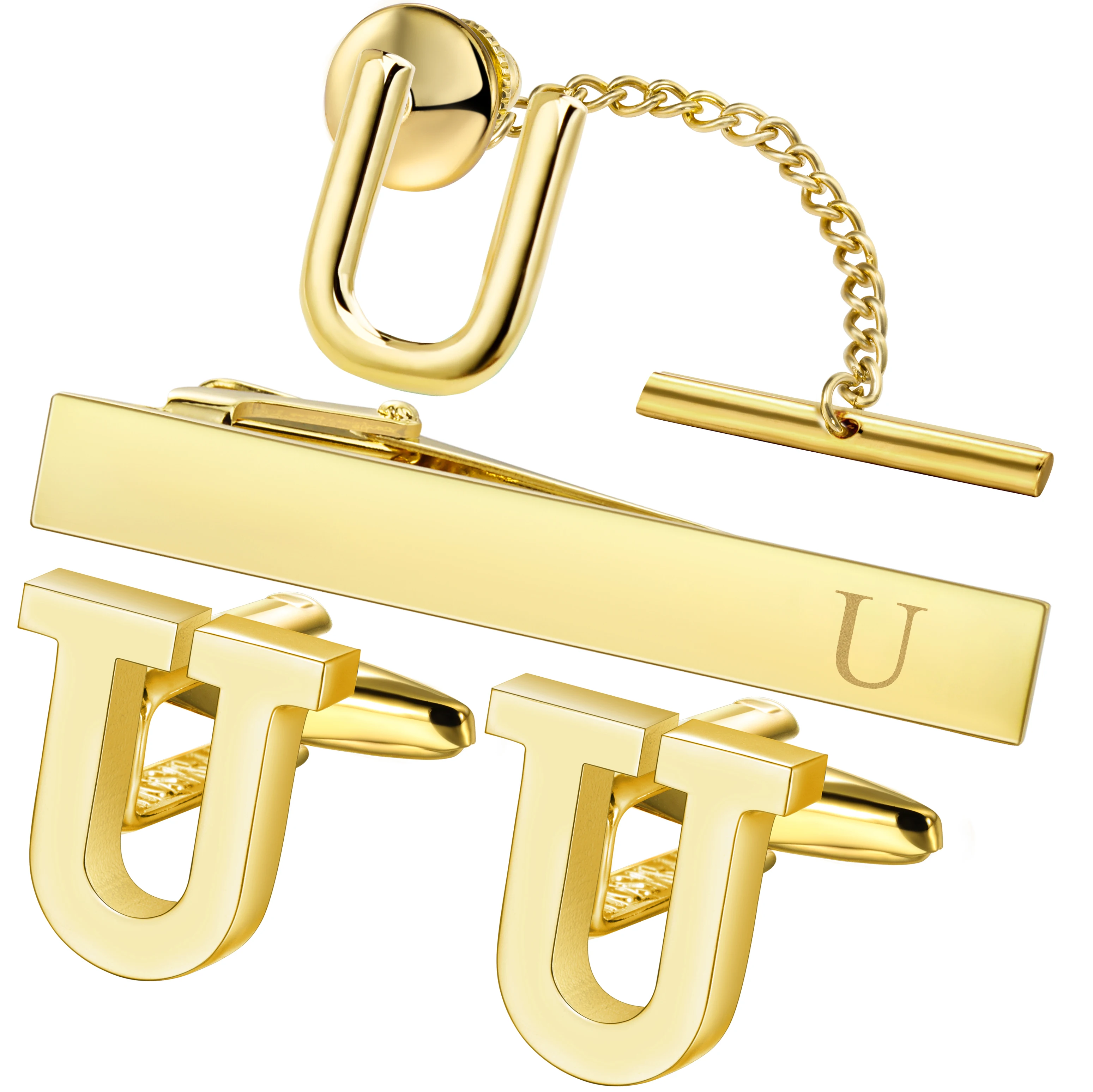 HAWSON (A-Z) Cufflinks for Men, Tie Clips for Boys, Tie Pin for Men, Gold Color Jewelry Set