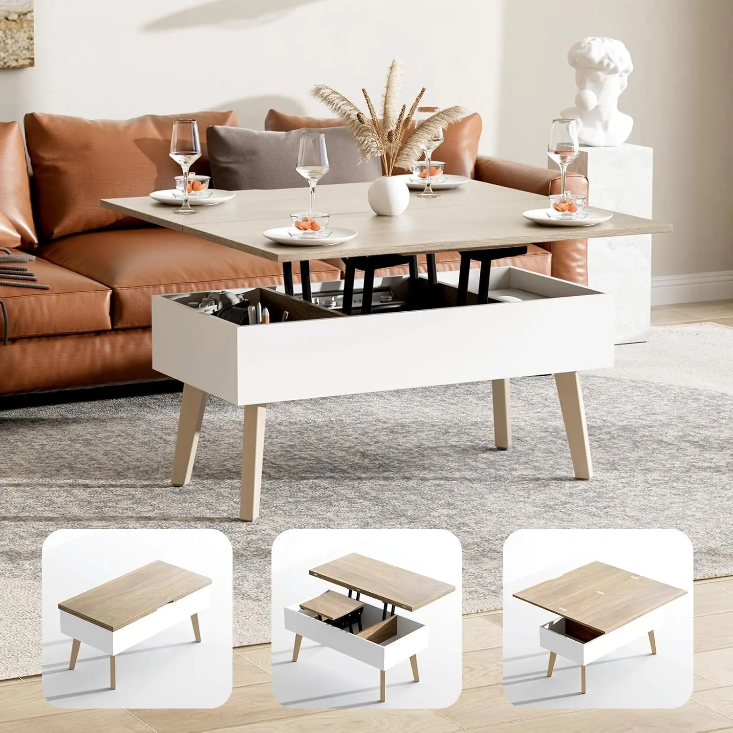 3 in 1 Lift Top Coffee Table, Coffee Table Converts to Dining Table, Lift Top Dining Table Work Desk with Storage 2
