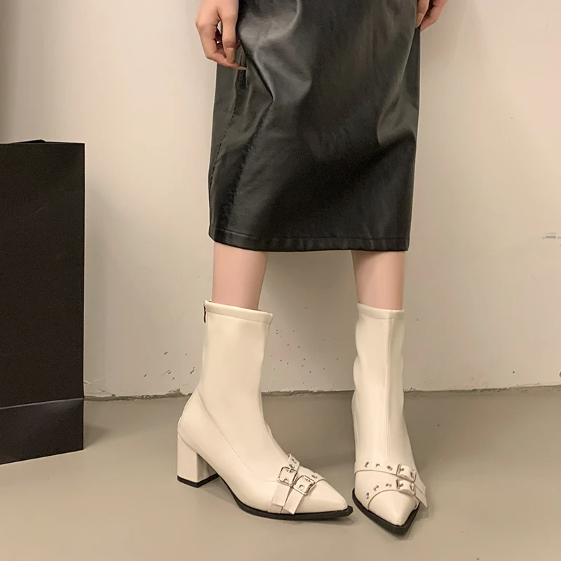 Aphixta Luxury Leather Women Ankle Boots Metal Buckle Back Zipper Close Modern Boots Shoes Woman Boats botines para mujeres