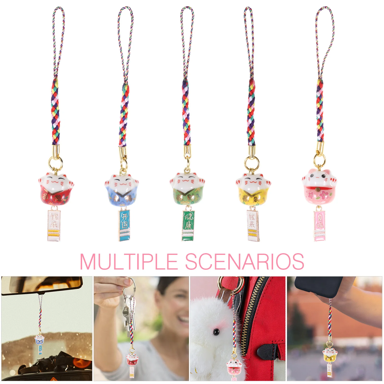 5pcs Pendant Cell Phone Pendant Maneki Neko Keyring Porcelain Cat Bags Figurine Pendant Car Wealth Fortune Kawaii Pendant
