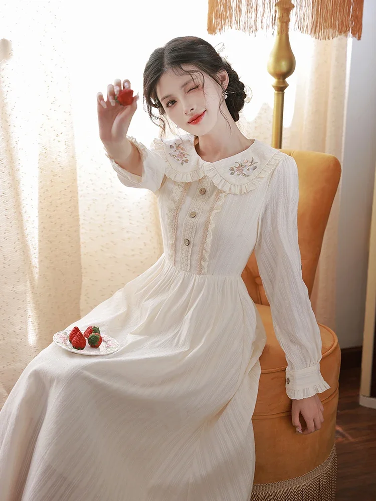 

French Sweet Vintage Dress Doll Neck Cute Embroidery Dresses for Elegant Women Fall Apricot Gentle Cute Fairy Vestidos de fiesta