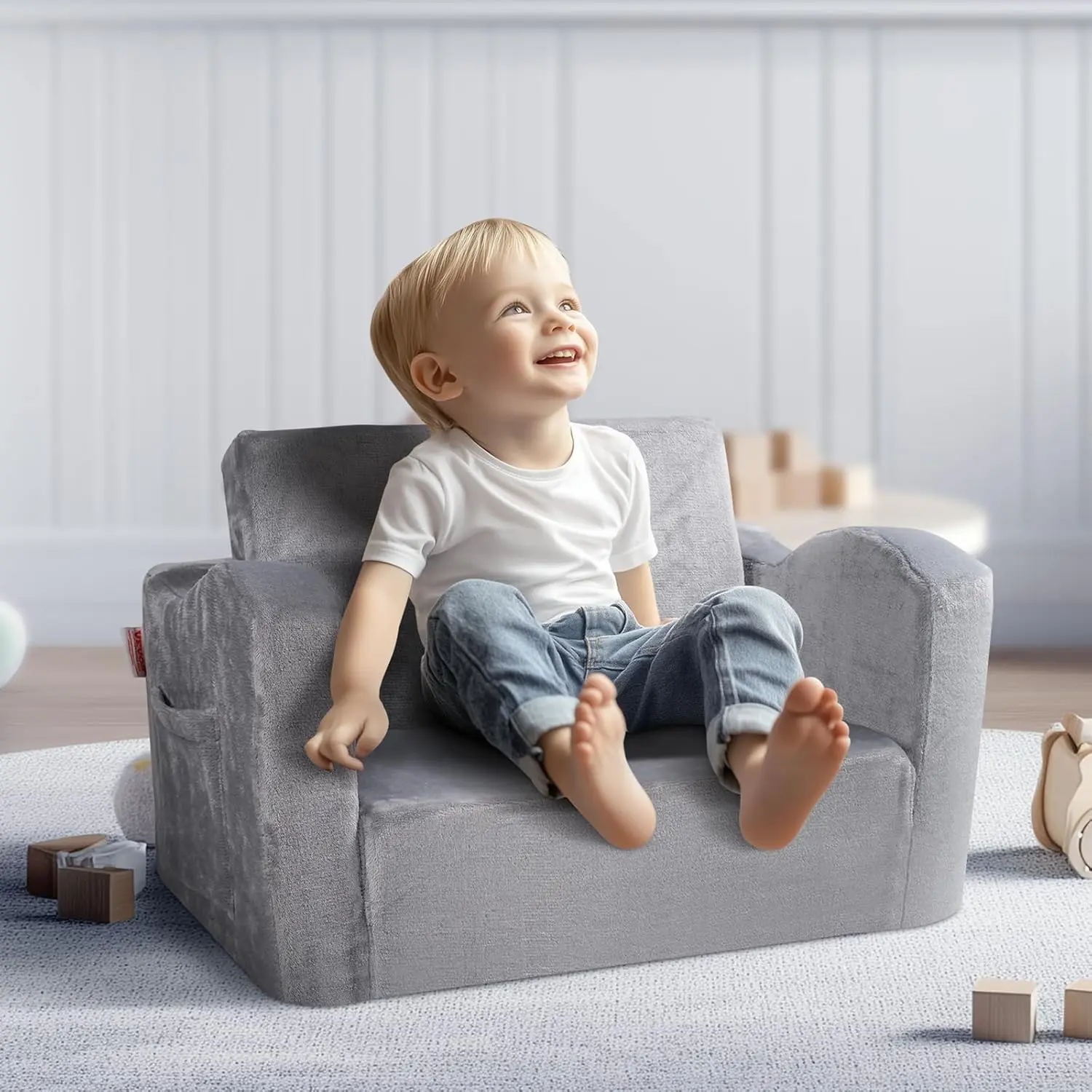 Kids Couch, Toddler Chairs Comfy, 2-in-1 Toddler Couch Sofa Bed Fold Out, Convertible Sofa to Lounger,Grey 2