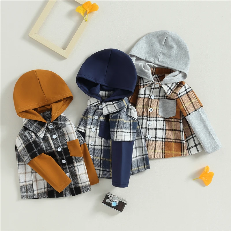 BabyBoysShirtsJacketPlaidPatchworkLongSleeveHoodedTurnDown