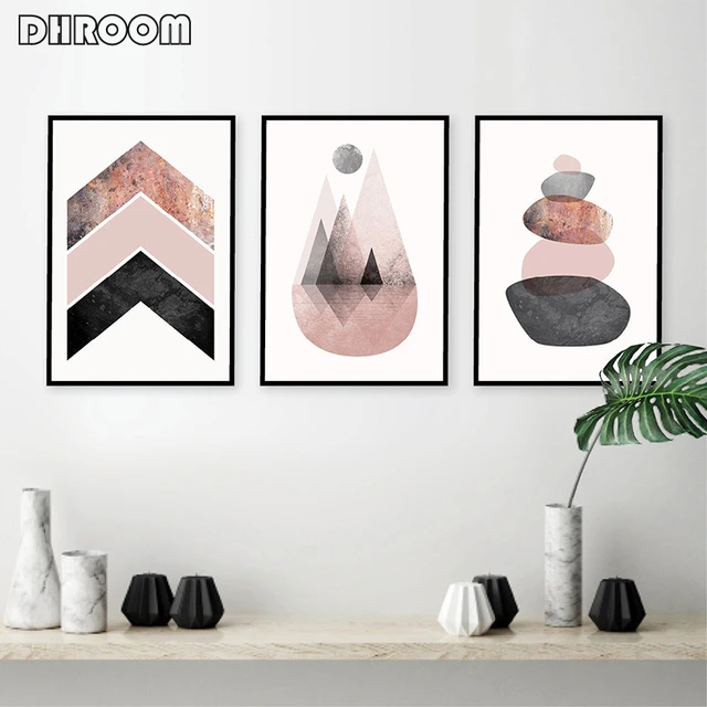 Pink Geometric Wall Art Pink Black and White Painting Abstract Geometric  Artwork Triangle Canvas Wall Art Pink Paintings Wall Decor Marble Pink