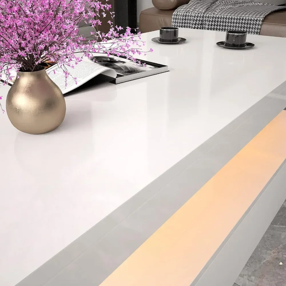 LED Coffee Table, White Modern High Gloss Coffee Table with RGB Light, Rectangular Coffee Table with Remote Control for Living 5