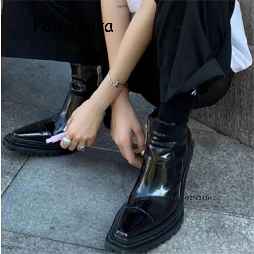 

Strange Style Boots Side Zipper Pointed Toe Women's Shoes Glossy Patent Leather Spring Casual Cool Girls Locomotive Ankle Boots