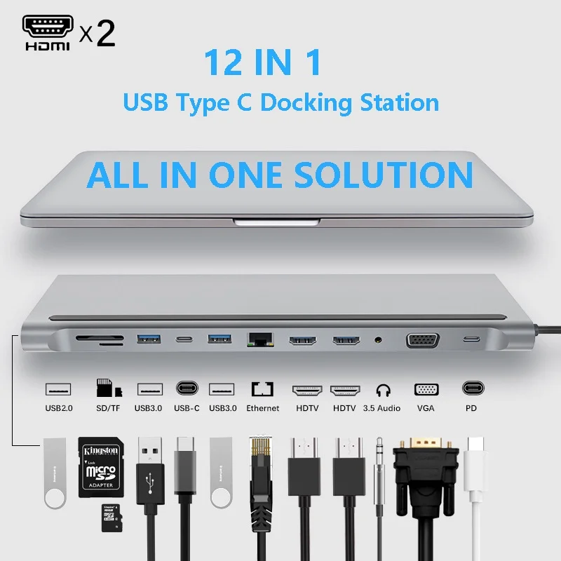 

USB C 12 IN 1 Hub to Dual 4K HD RJ45 VGA 3.5mm AUX 87W PD SD/TF Reader Multi-port USB Splitter Adapter For Huawei Laptop