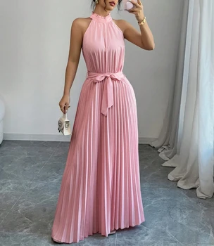Women Maxi Dress Sleeveless Halter Neck Pleated Belted A Line Pink Dresses Spring Summer Party Wedding Guest Evening Gown