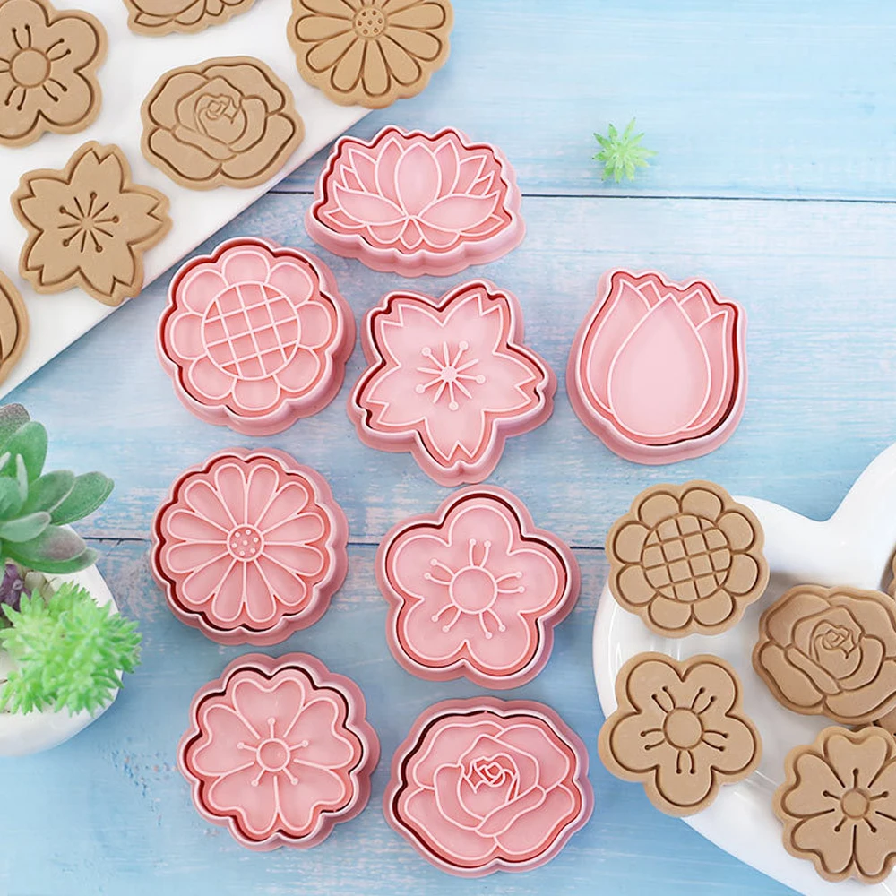 Description Picture 3 of item8Pcs/Set Cookie Cutters Plastic 3D Flower Shape Cartoon Pressable Biscuit Mold Cookie Stamp Kitchen Baking Pastry Sugarcraft