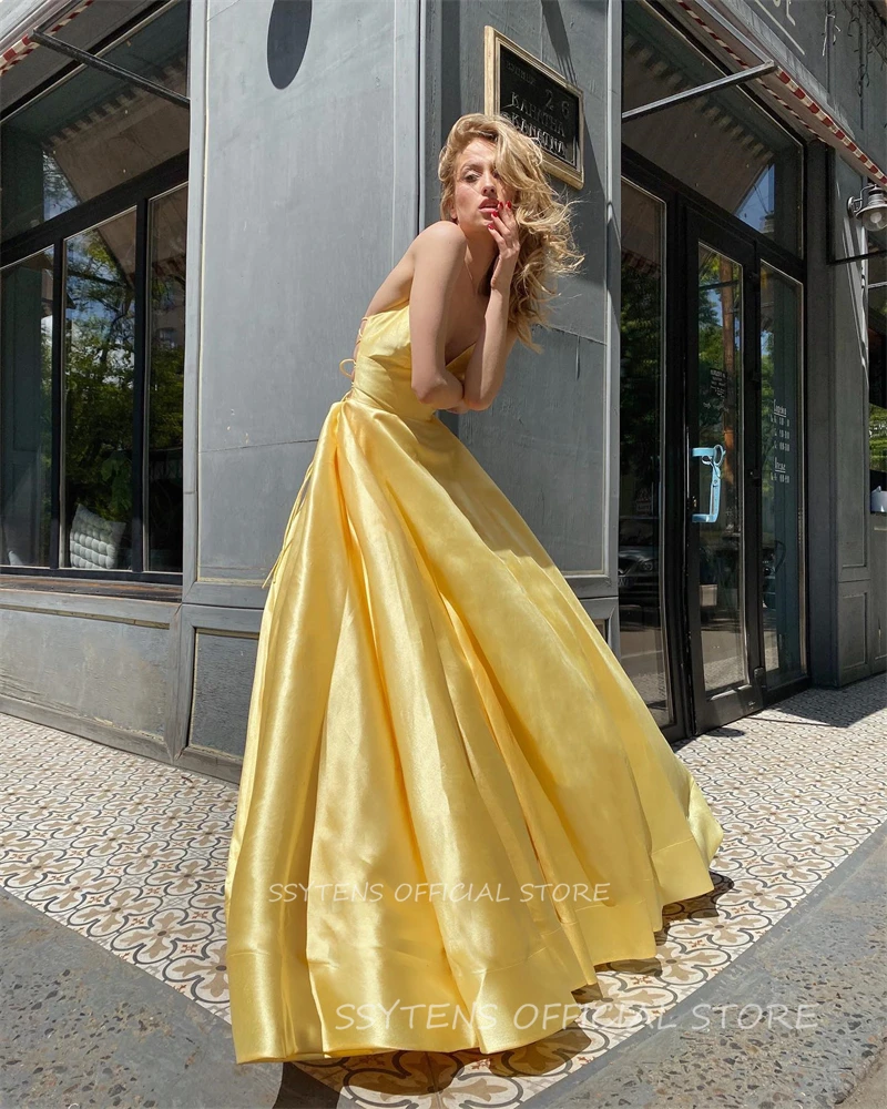 Evening Prom Dresses Formal Occasion Dresses Yellow Satin Sparklelong A Line Spaghetti Straps