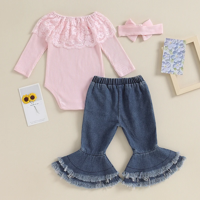

Infant Baby Girls 3Pcs Fall Outfits Long Sleeve Ribbed Romper Frill Flare Jeans Pants Headband Set Winter Clothes