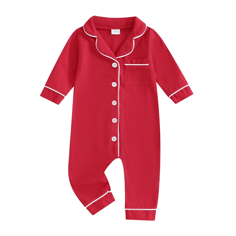 Baby Boys Girls Rompers Pajamas Patchwork Turn-Down Collar Buttons Long Sleeve Infant Jumpsuits Sleepwear Fall Nightwear 1