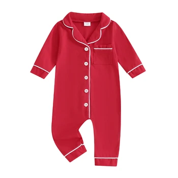 Baby Boys Girls Rompers Pajamas Patchwork Turn-Down Collar Buttons Long Sleeve Infant Jumpsuits Sleepwear Fall Nightwear 1