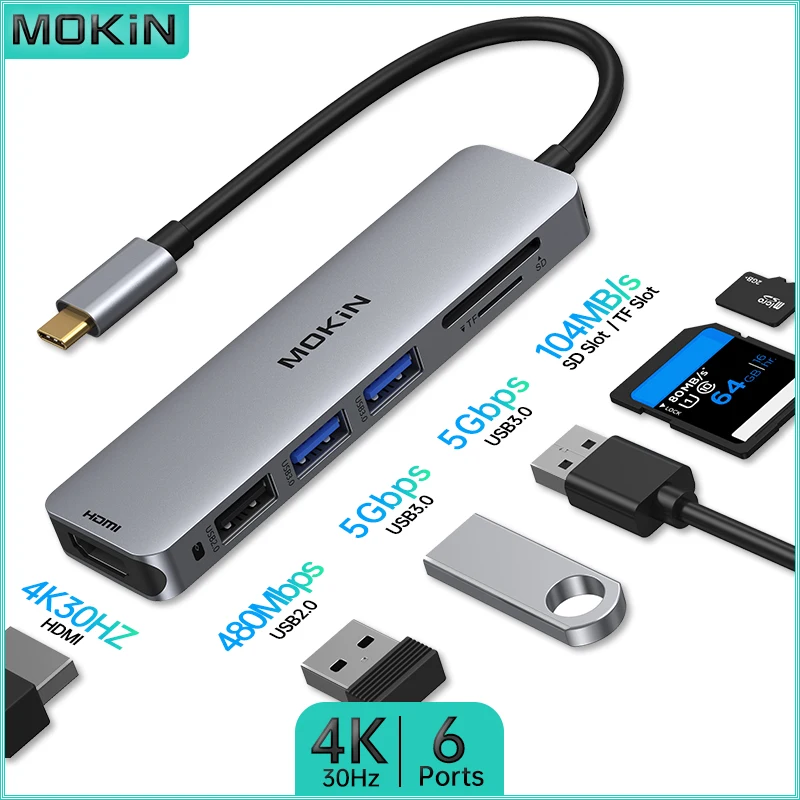 

Док-станция MOKiN 6 в 1 для MacBook Air/Pro, ноутбука Thunderbolt — USB3.0, HDMI 4K30 Гц, SD, TF — универсальный концентратор подключений