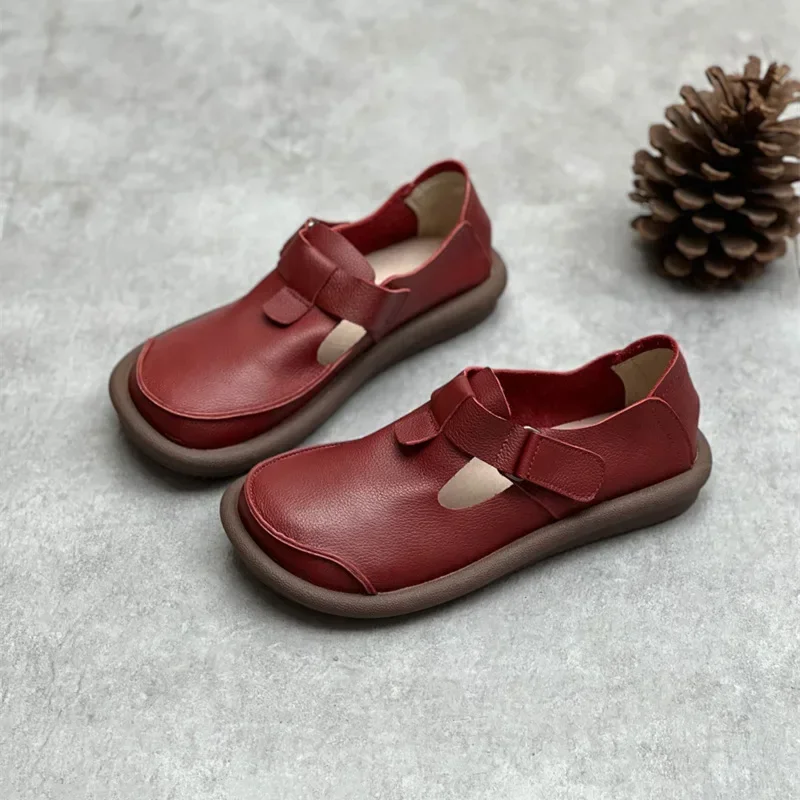 

Birkuir Genuine Leather Retro Flats Women Shoes Mary Jane Hook Loop Shoes Soft Sole Luxury Elegant Shoes Low Heels Red Ladies